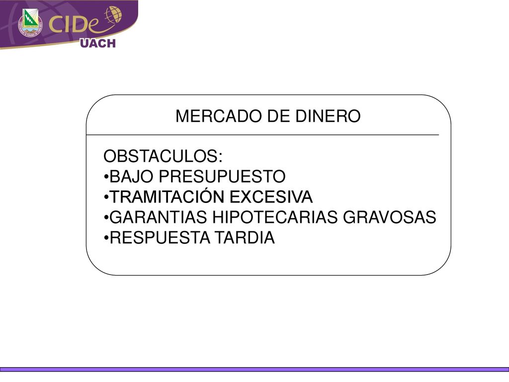 MERCADO DE DINERO OBSTACULOS: BAJO PRESUPUESTO. TRAMITACIÓN EXCESIVA. GARANTIAS HIPOTECARIAS GRAVOSAS.