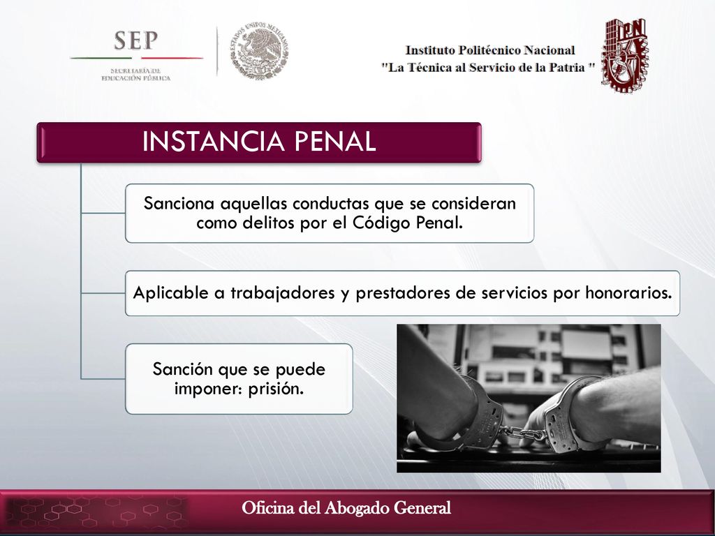 INSTANCIA PENAL Sanciona aquellas conductas que se consideran como delitos por el Código Penal.