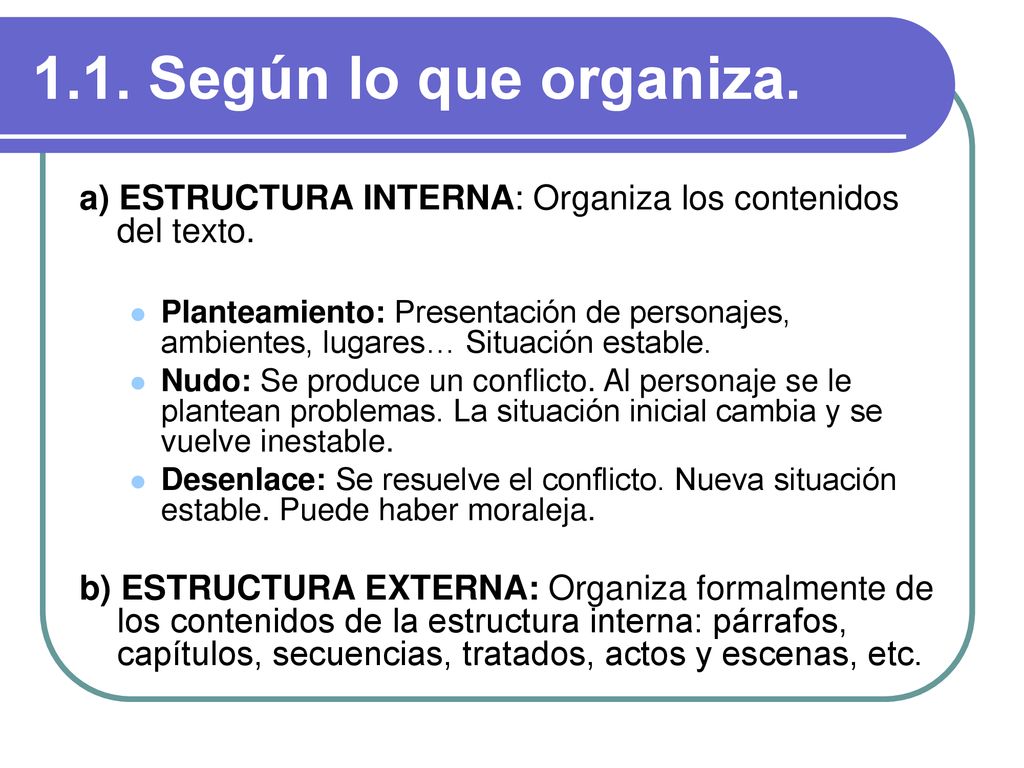 1.1. Según lo que organiza. a) ESTRUCTURA INTERNA: Organiza los contenidos del texto.