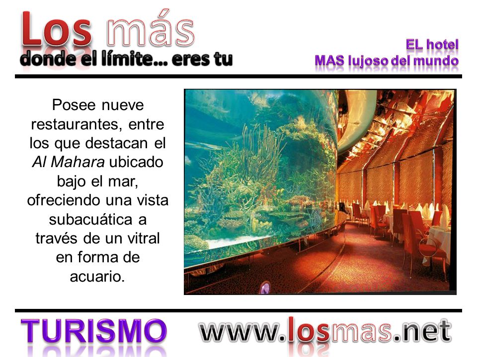 Posee nueve restaurantes, entre los que destacan el Al Mahara ubicado bajo el mar, ofreciendo una vista subacuática a través de un vitral en forma de acuario.