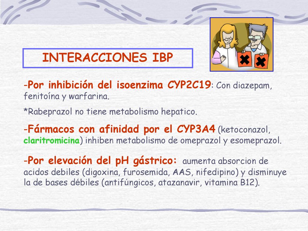 INTERACCIONES IBP Por inhibición del isoenzima CYP2C19: Con diazepam, fenitoína y warfarina. *Rabeprazol no tiene metabolismo hepatico.