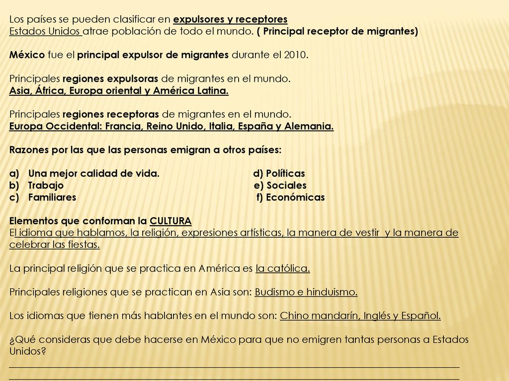 Los países se pueden clasificar en expulsores y receptores
