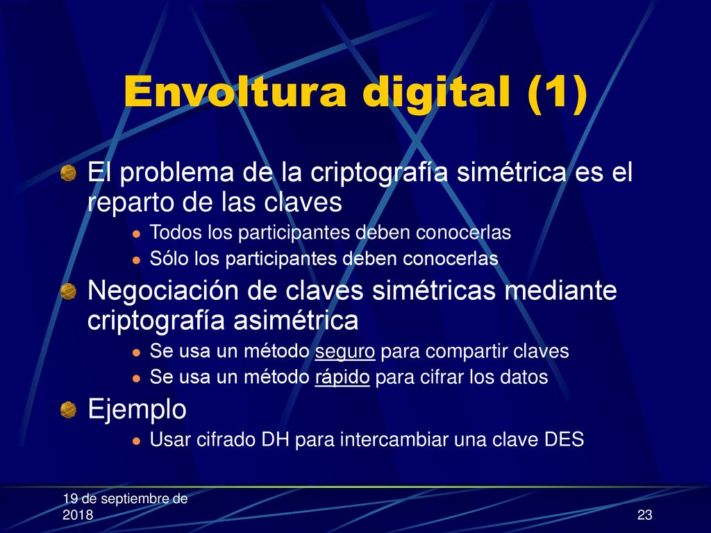 Envoltura digital (1) El problema de la criptografía simétrica es el reparto de las claves. Todos los participantes deben conocerlas.