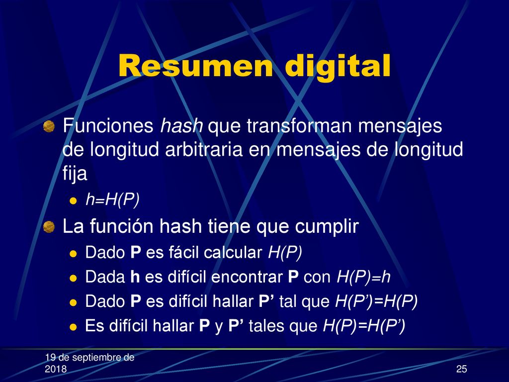 Resumen digital Funciones hash que transforman mensajes de longitud arbitraria en mensajes de longitud fija.