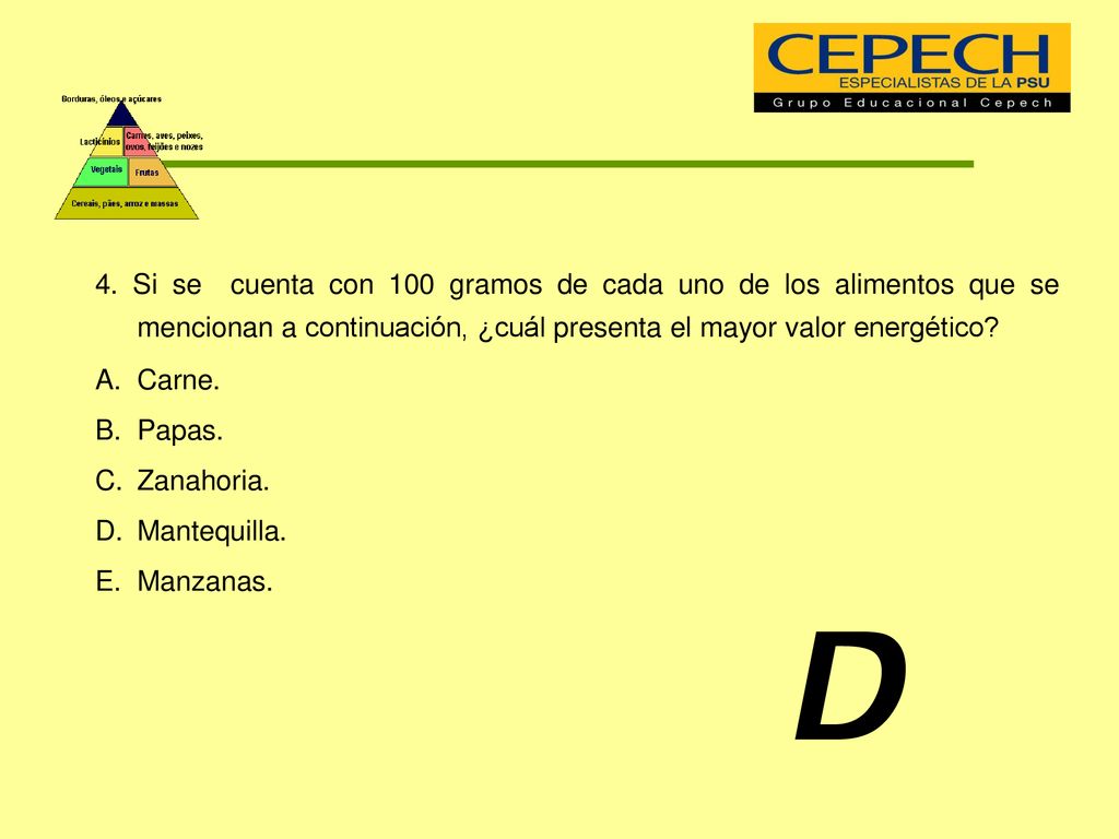 4. Si se cuenta con 100 gramos de cada uno de los alimentos que se mencionan a continuación, ¿cuál presenta el mayor valor energético
