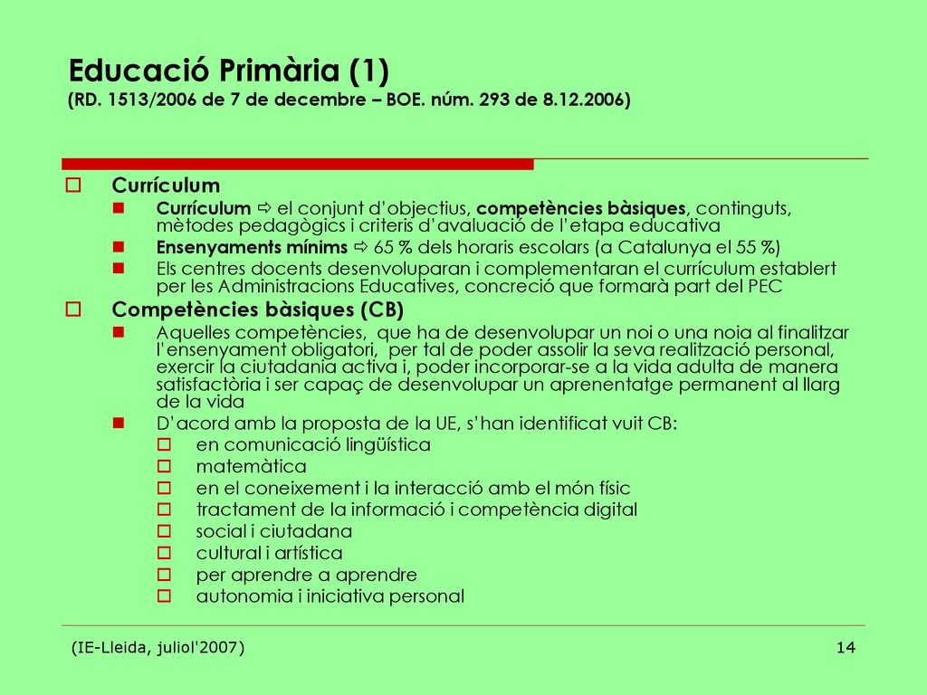 Educació Primària (1) (RD. 1513/2006 de 7 de decembre – BOE. núm