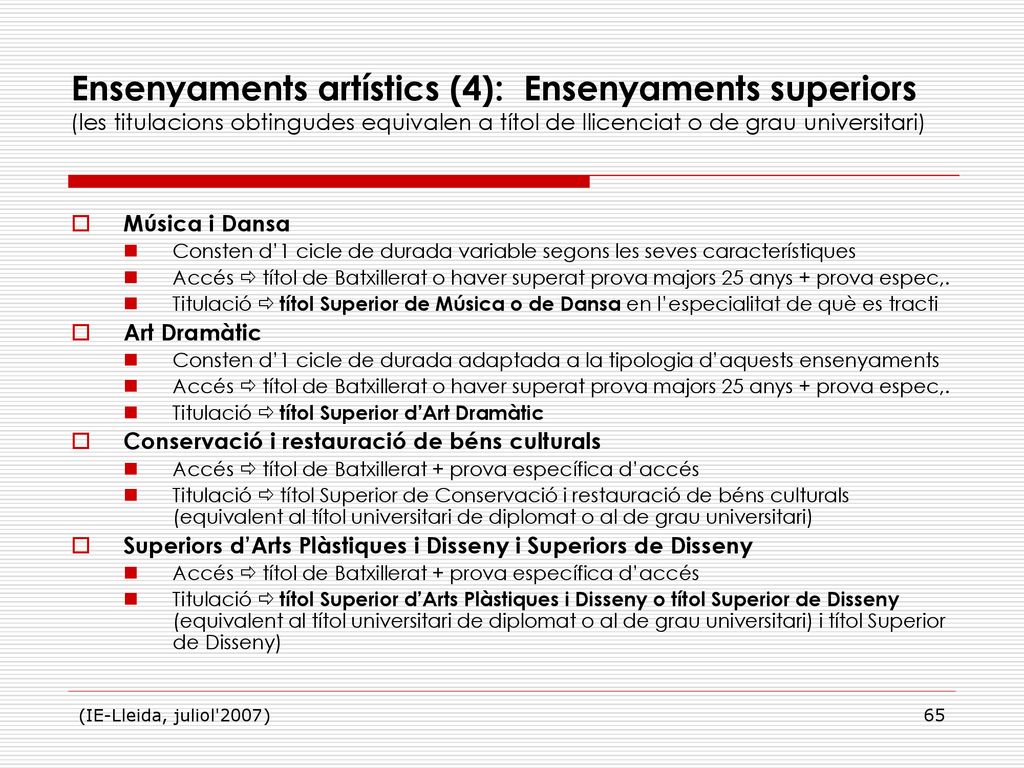 Ensenyaments artístics (4): Ensenyaments superiors (les titulacions obtingudes equivalen a títol de llicenciat o de grau universitari)