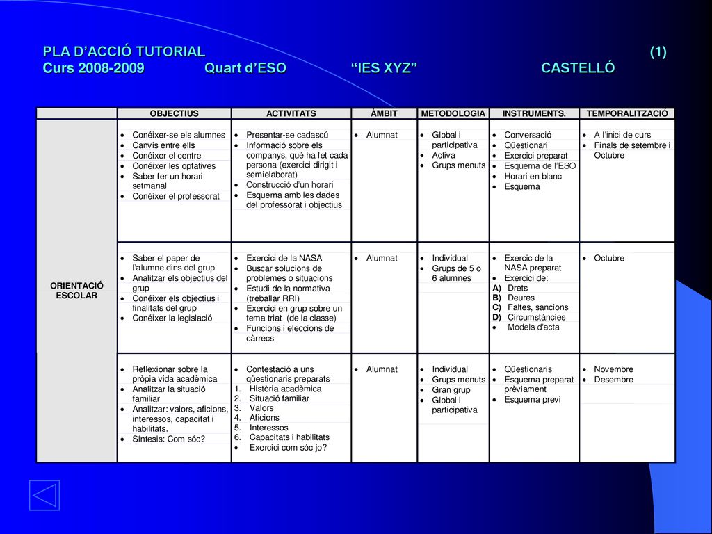 PLA D’ACCIÓ TUTORIAL (1) Curs Quart d’ESO IES XYZ CASTELLÓ
