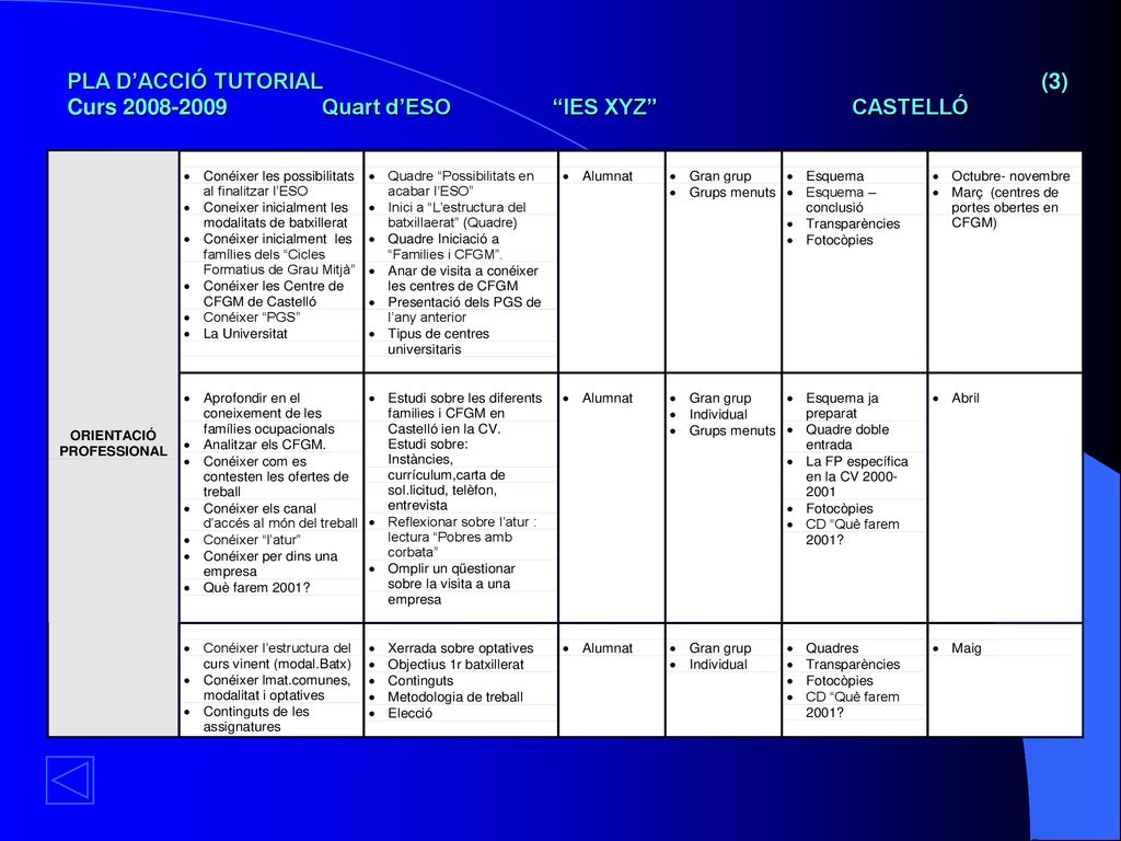 PLA D’ACCIÓ TUTORIAL (3) Curs Quart d’ESO IES XYZ CASTELLÓ