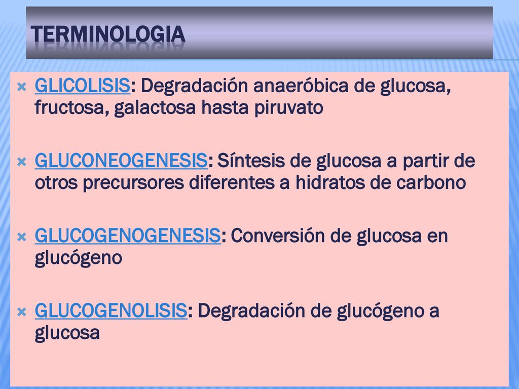 TERMINOLOGIA GLICOLISIS: Degradación anaeróbica de glucosa, fructosa, galactosa hasta piruvato.