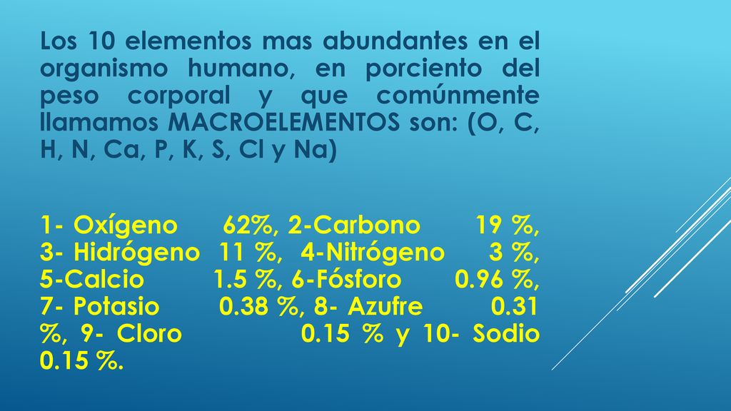 Los 10 elementos mas abundantes en el organismo humano, en porciento del peso corporal y que comúnmente llamamos MACROELEMENTOS son: (O, C, H, N, Ca, P, K, S, Cl y Na) 1- Oxígeno 62%, 2-Carbono 19 %, 3- Hidrógeno 11 %, 4-Nitrógeno 3 %, 5-Calcio 1.5 %, 6-Fósforo 0.96 %, 7- Potasio 0.38 %, 8- Azufre 0.31 %, 9- Cloro 0.15 % y 10- Sodio 0.15 %.