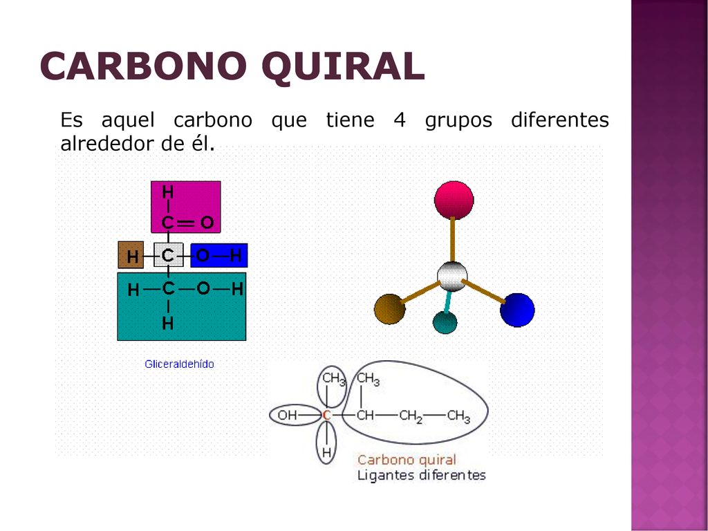 CARBONO QUIRAL Es aquel carbono que tiene 4 grupos diferentes alrededor de él.