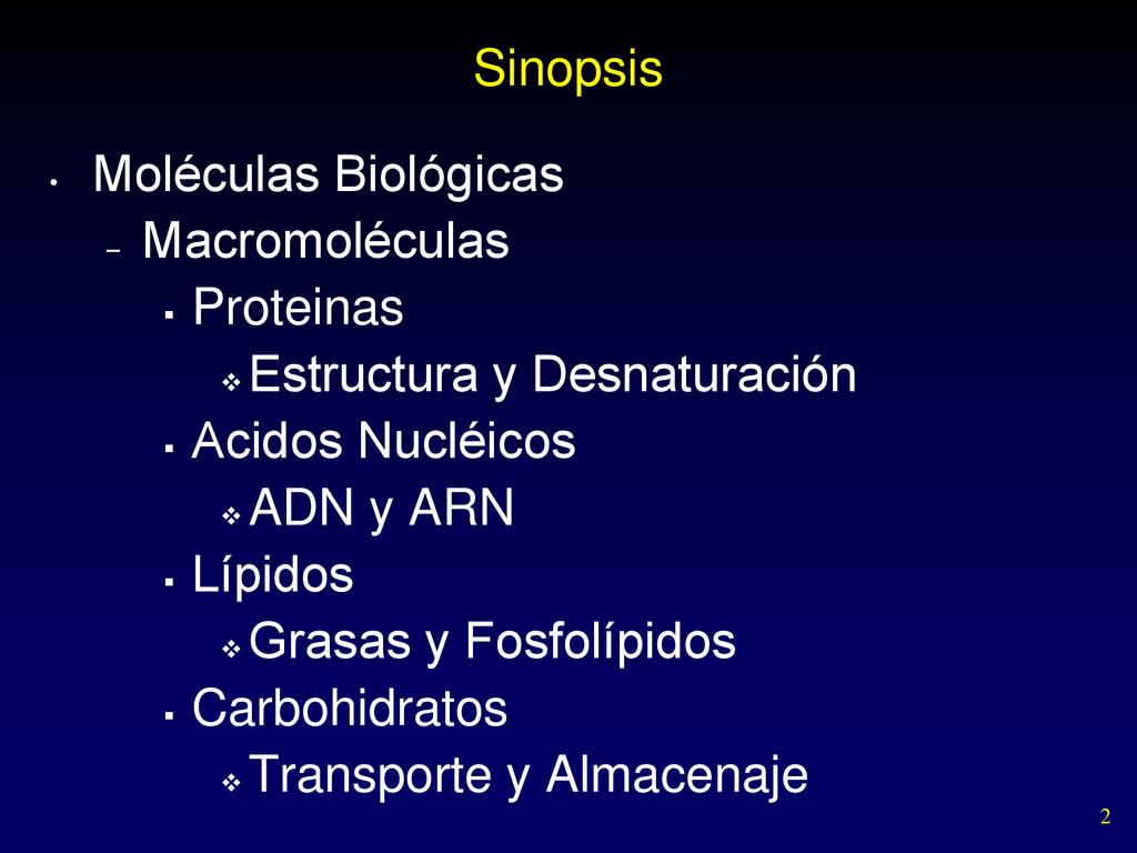 Sinopsis Moléculas Biológicas. Macromoléculas. Proteinas. Estructura y Desnaturación. Acidos Nucléicos.