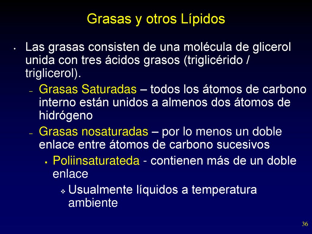 Grasas y otros Lípidos Las grasas consisten de una molécula de glicerol unida con tres ácidos grasos (triglicérido / triglicerol).