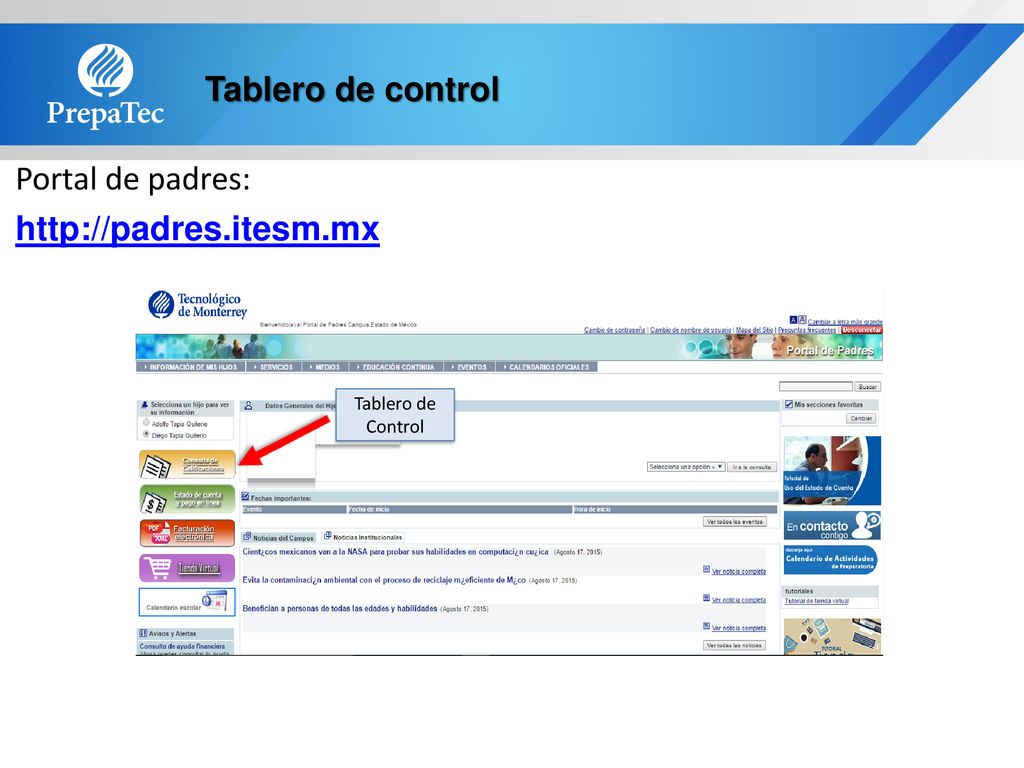 Tablero de control Portal de padres:   Tablero de