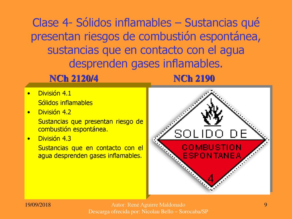 Clase 4- Sólidos inflamables – Sustancias qué presentan riesgos de combustión espontánea, sustancias que en contacto con el agua desprenden gases inflamables.