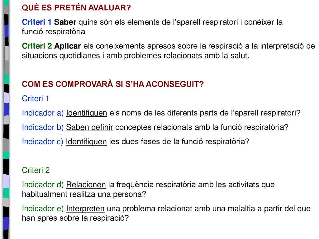 QUÈ ES PRETÉN AVALUAR Criteri 1 Saber quins són els elements de l’aparell respiratori i conèixer la funció respiratòria.