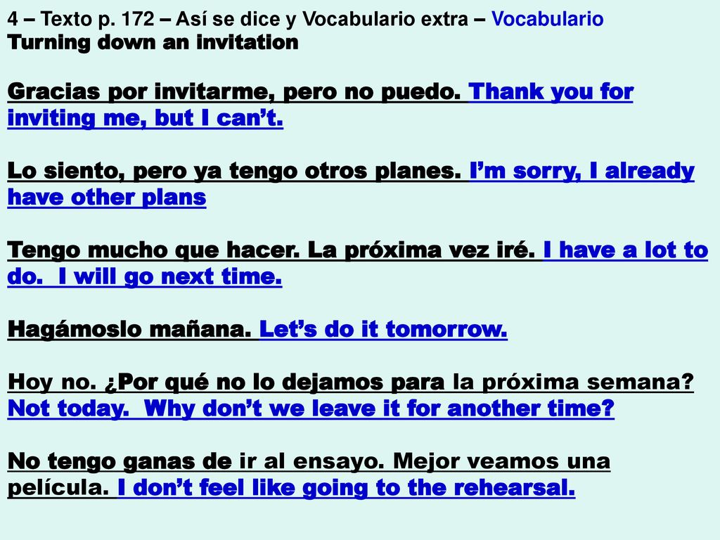 4 – Texto p. 172 – Así se dice y Vocabulario extra – Vocabulario