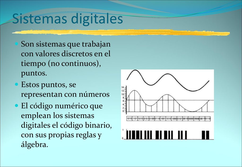 Sistemas digitales Son sistemas que trabajan con valores discretos en el tiempo (no continuos), puntos.