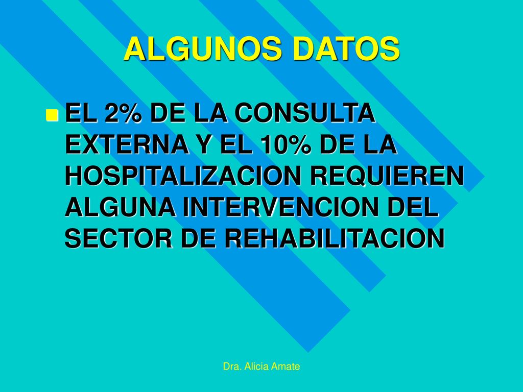 ALGUNOS DATOS EL 2% DE LA CONSULTA EXTERNA Y EL 10% DE LA HOSPITALIZACION REQUIEREN ALGUNA INTERVENCION DEL SECTOR DE REHABILITACION.