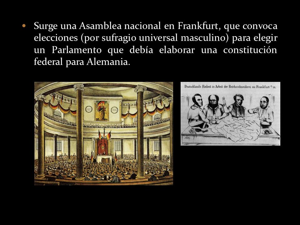 Surge una Asamblea nacional en Frankfurt, que convoca elecciones (por sufragio universal masculino) para elegir un Parlamento que debía elaborar una constitución federal para Alemania.