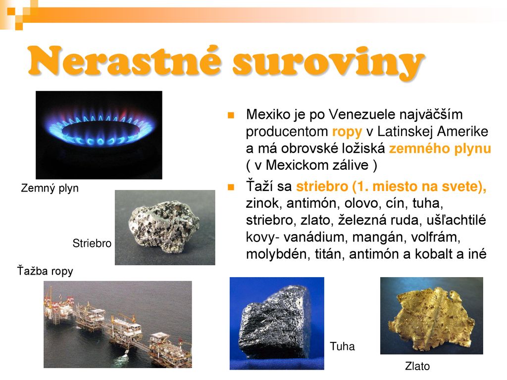 Nerastné suroviny Mexiko je po Venezuele najväčším producentom ropy v Latinskej Amerike a má obrovské ložiská zemného plynu ( v Mexickom zálive )