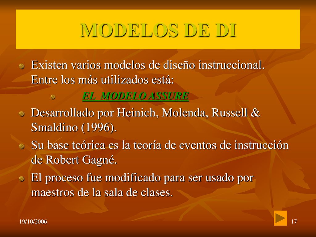 MODELOS DE DI Existen varios modelos de diseño instruccional. Entre los más utilizados está: EL MODELO ASSURE.