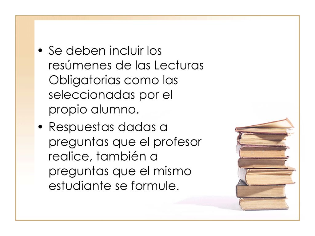 Se deben incluir los resúmenes de las Lecturas Obligatorias como las seleccionadas por el propio alumno.