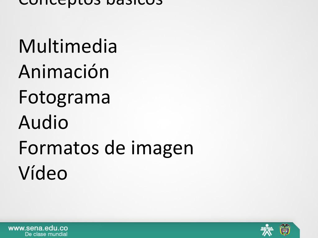 Conceptos básicos Multimedia Animación Fotograma Audio Formatos de imagen Vídeo
