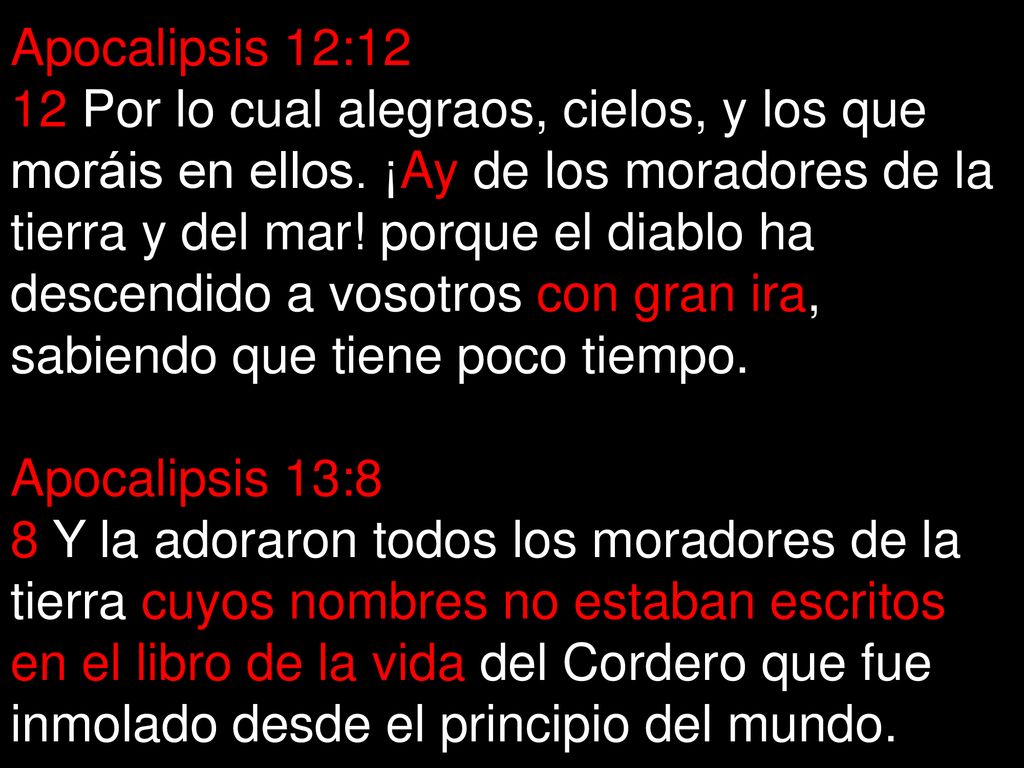 Apocalipsis 12:12 12 Por lo cual alegraos, cielos, y los que moráis en ellos.
