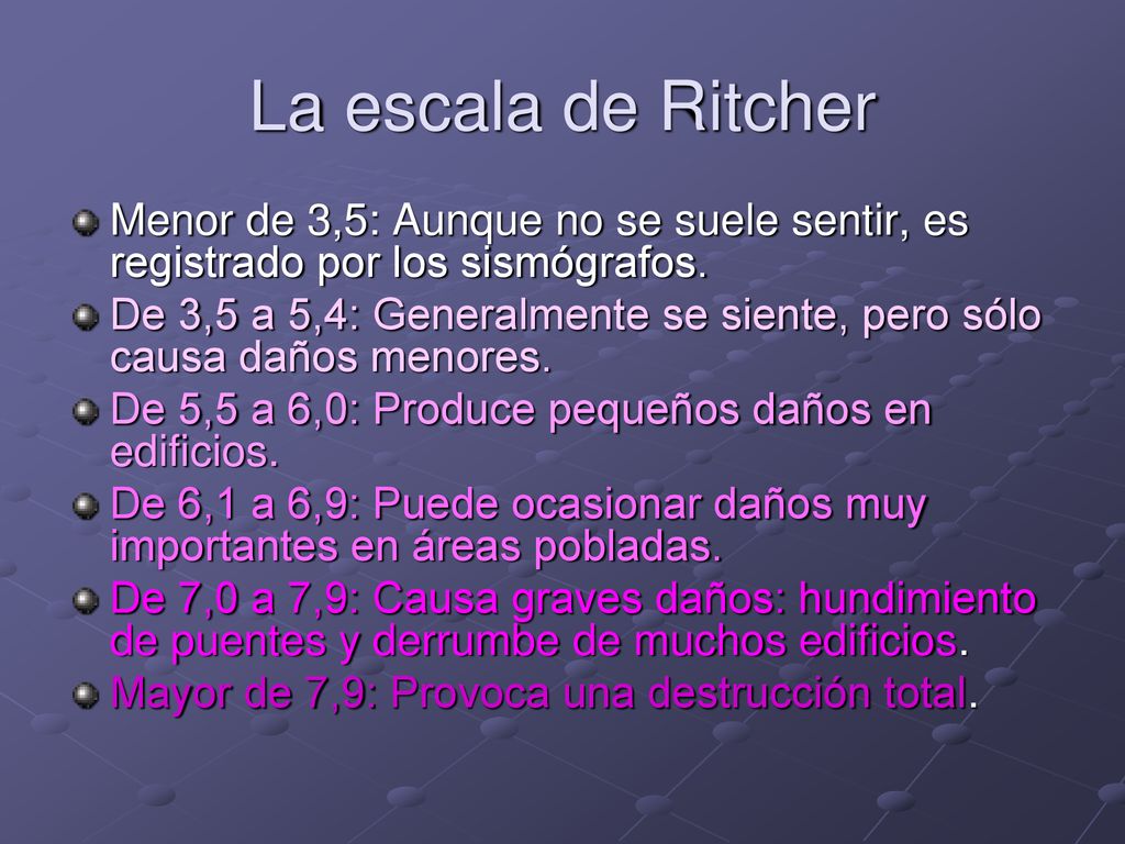 La escala de Ritcher Menor de 3,5: Aunque no se suele sentir, es registrado por los sismógrafos.