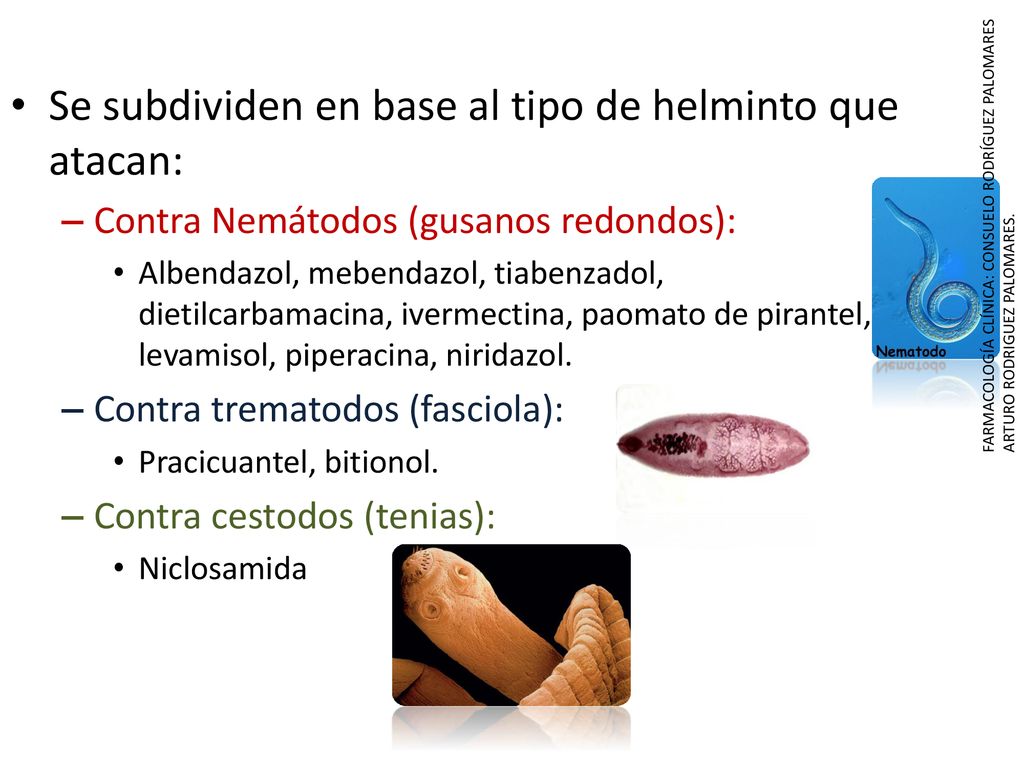 Se subdividen en base al tipo de helminto que atacan: