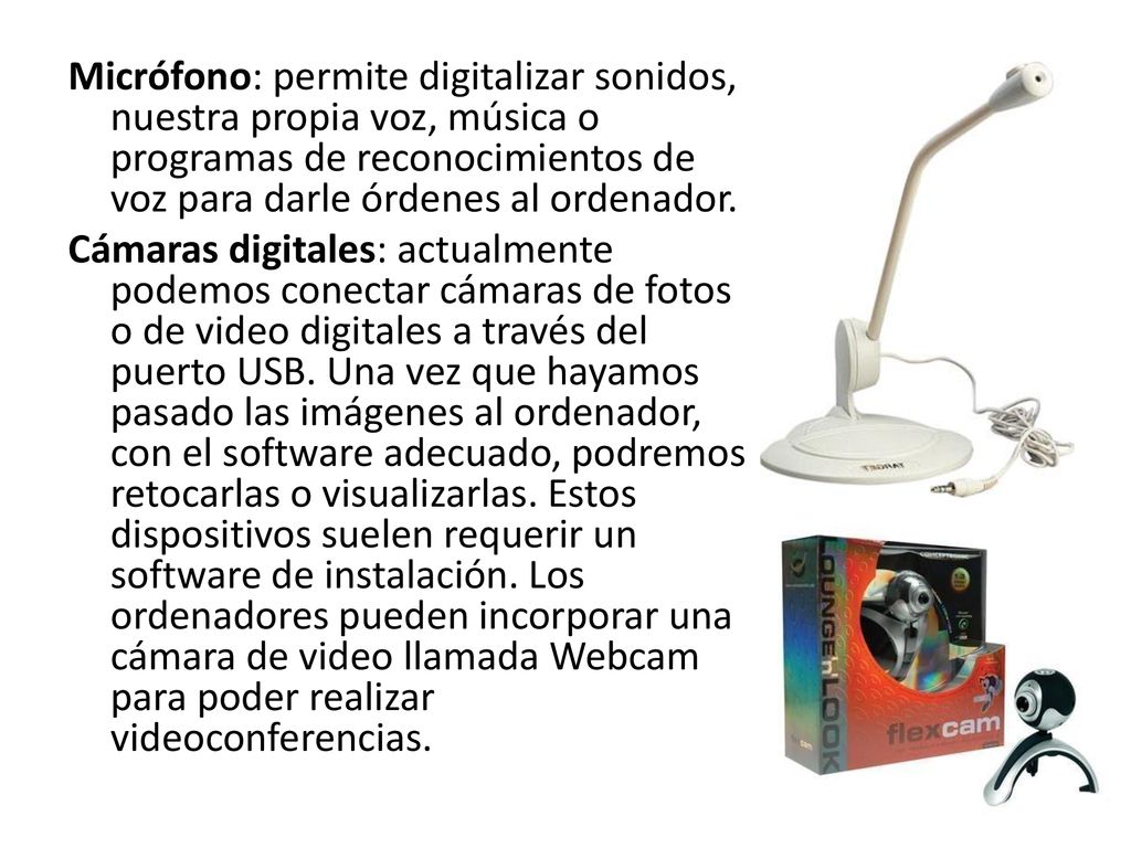 Micrófono: permite digitalizar sonidos, nuestra propia voz, música o programas de reconocimientos de voz para darle órdenes al ordenador.