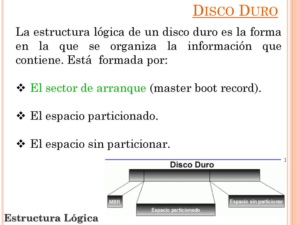 Disco Duro La estructura lógica de un disco duro es la forma en la que se organiza la información que contiene. Está formada por: