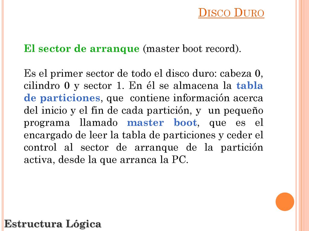 Disco Duro El sector de arranque (master boot record).