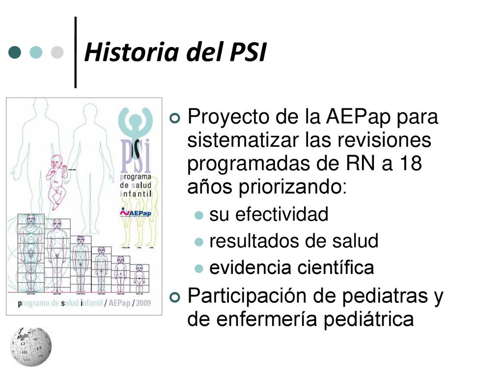 Historia del PSI Proyecto de la AEPap para sistematizar las revisiones programadas de RN a 18 años priorizando: