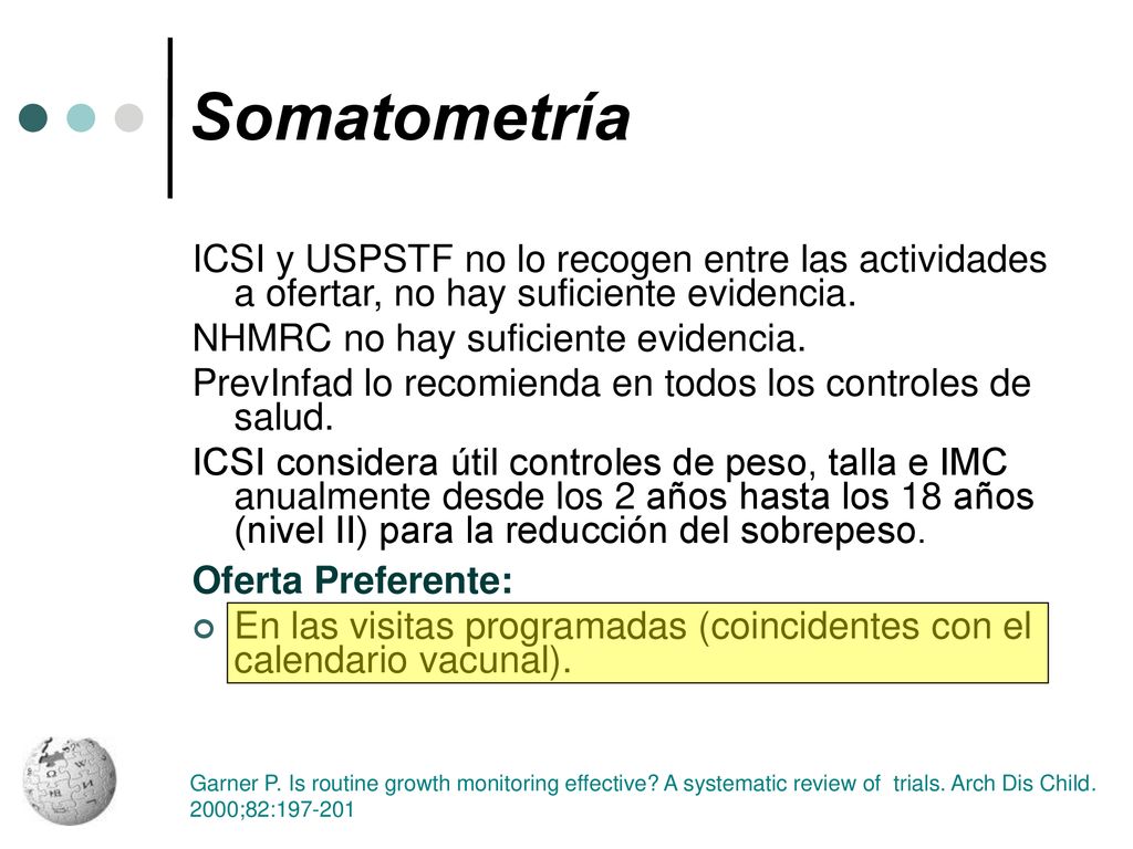 Somatometría ICSI y USPSTF no lo recogen entre las actividades a ofertar, no hay suficiente evidencia.
