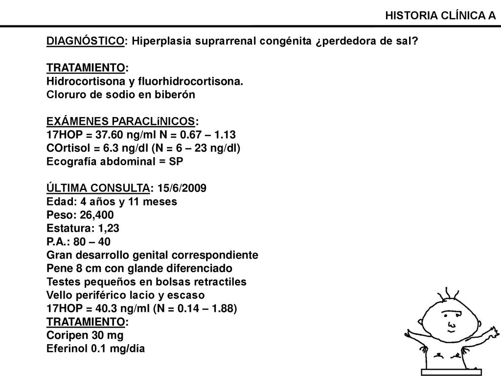 HISTORIA CLÍNICA A DIAGNÓSTICO: Hiperplasia suprarrenal congénita ¿perdedora de sal TRATAMIENTO: Hidrocortisona y fluorhidrocortisona.