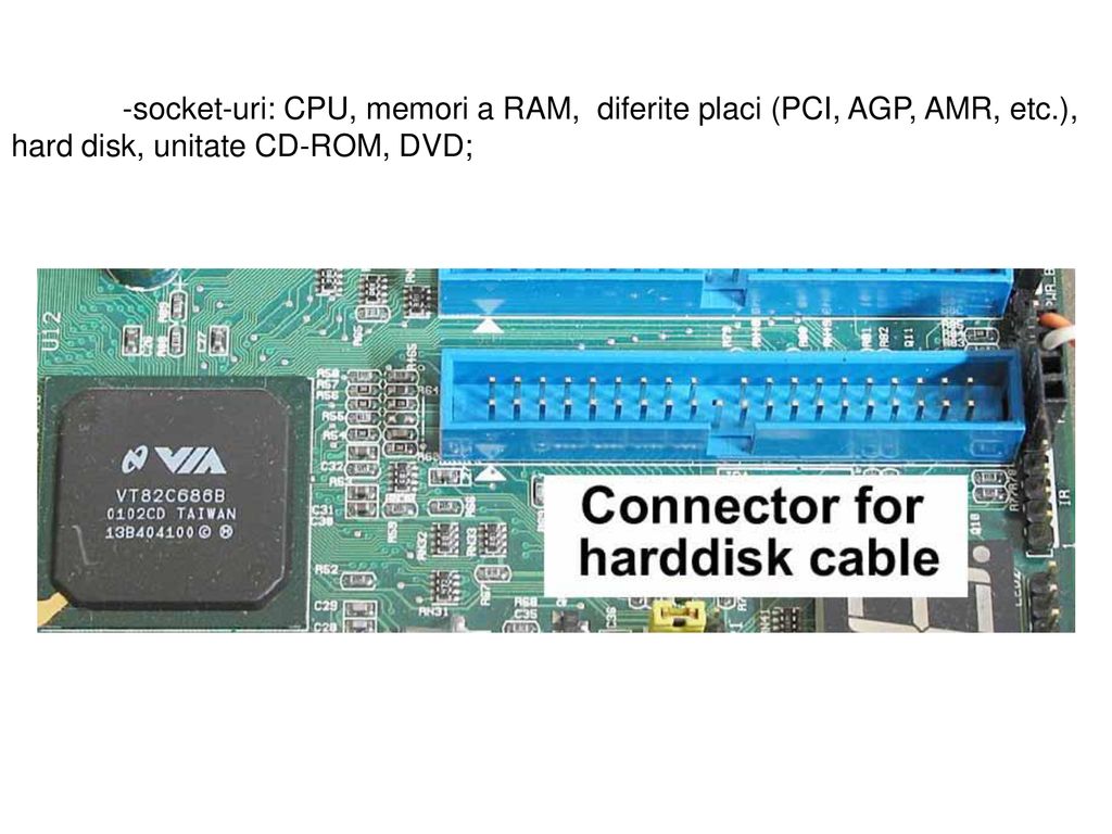 -socket-uri: CPU, memori a RAM, diferite placi (PCI, AGP, AMR, etc