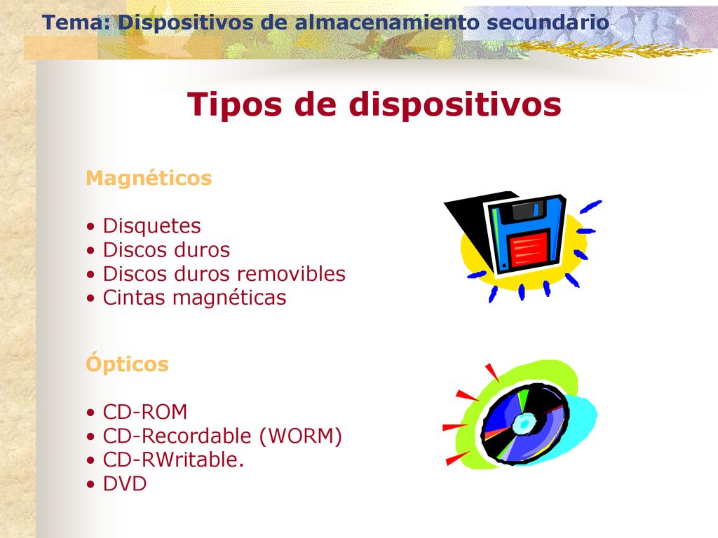 Tipos de dispositivos Tema: Dispositivos de almacenamiento secundario
