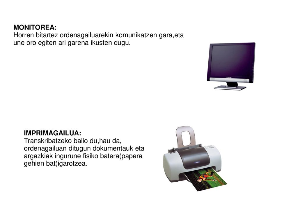 MONITOREA: Horren bitartez ordenagailuarekin komunikatzen gara,eta une oro egiten ari garena ikusten dugu.