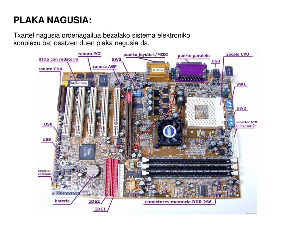 PLAKA NAGUSIA: Txartel nagusia ordenagailua bezalako sistema elektroniko konplexu bat osatzen duen plaka nagusia da.