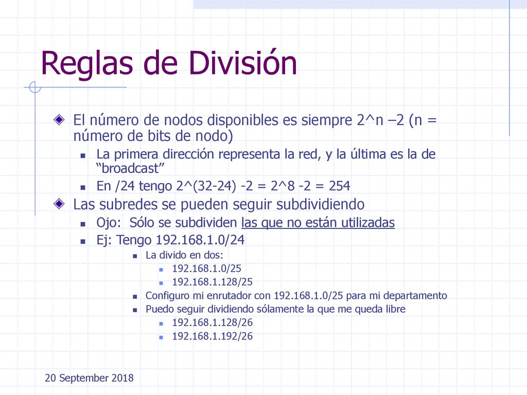Reglas de División El número de nodos disponibles es siempre 2^n –2 (n = número de bits de nodo)