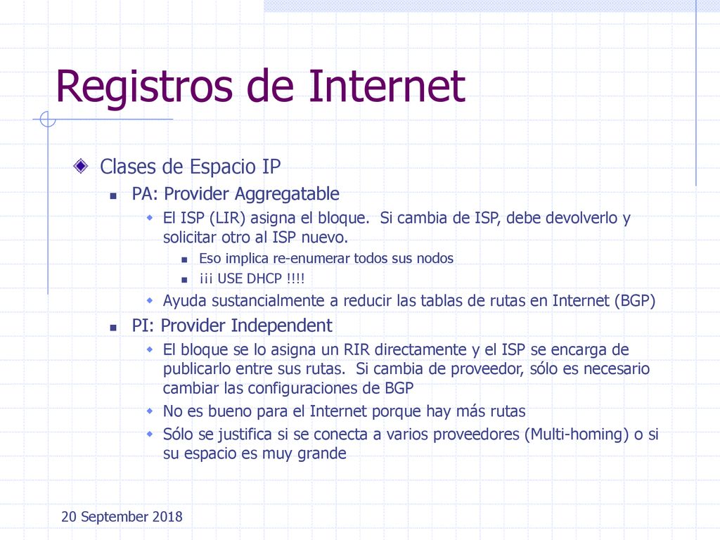 Registros de Internet Clases de Espacio IP PA: Provider Aggregatable