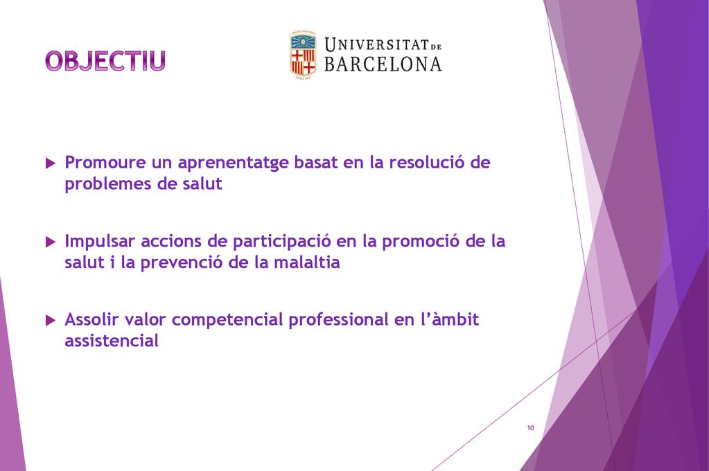 OBJECTIU Promoure un aprenentatge basat en la resolució de problemes de salut.
