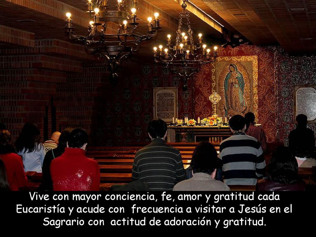 Vive con mayor conciencia, fe, amor y gratitud cada Eucaristía y acude con frecuencia a visitar a Jesús en el Sagrario con actitud de adoración y gratitud.