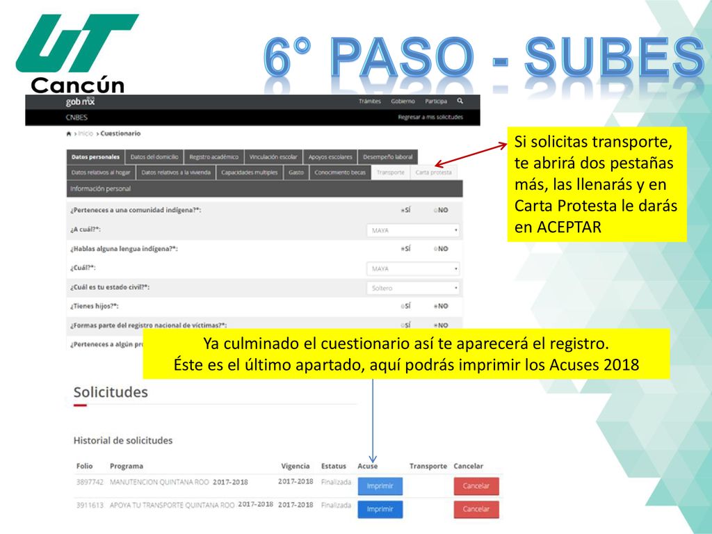 6° paso - subes Si solicitas transporte, te abrirá dos pestañas más, las llenarás y en Carta Protesta le darás en ACEPTAR.