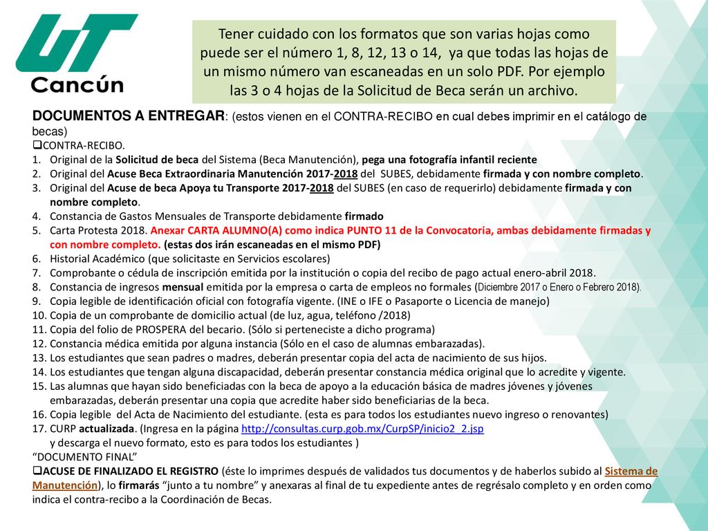 Tener cuidado con los formatos que son varias hojas como puede ser el número 1, 8, 12, 13 o 14, ya que todas las hojas de un mismo número van escaneadas en un solo PDF. Por ejemplo las 3 o 4 hojas de la Solicitud de Beca serán un archivo.