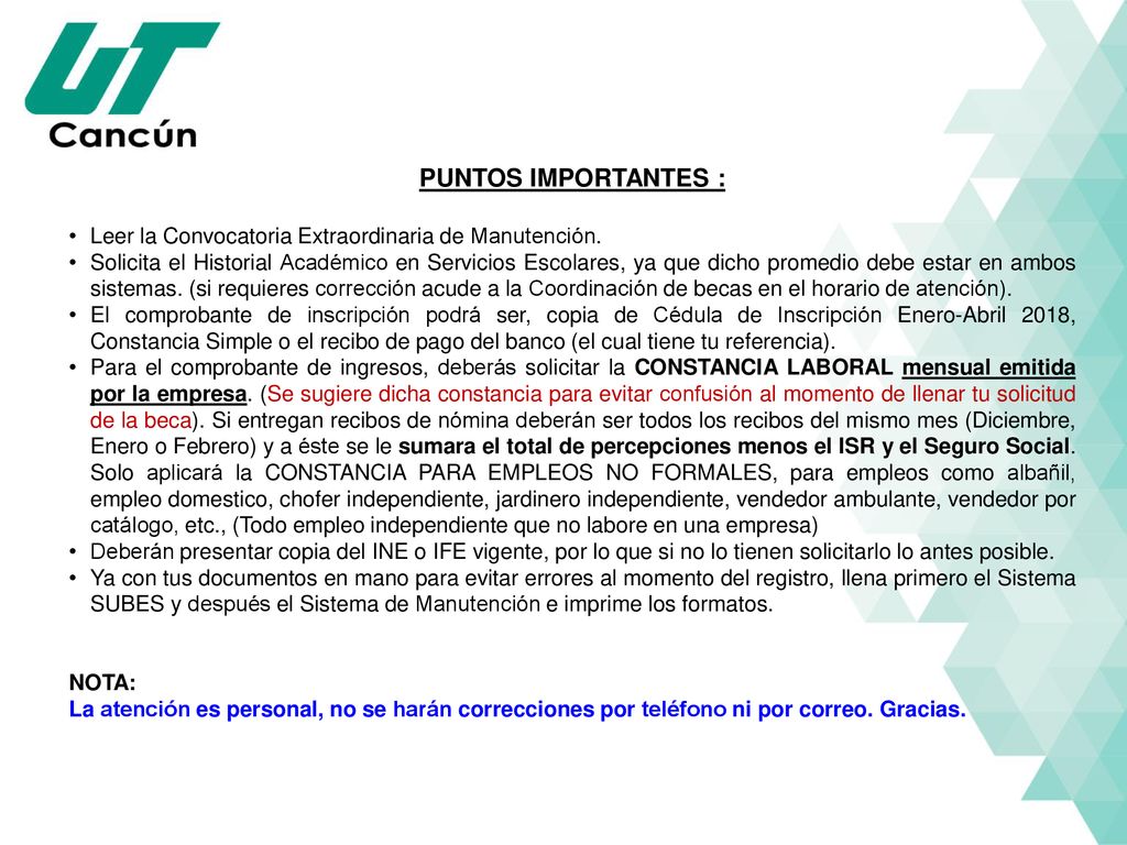 PUNTOS IMPORTANTES : Leer la Convocatoria Extraordinaria de Manutención.