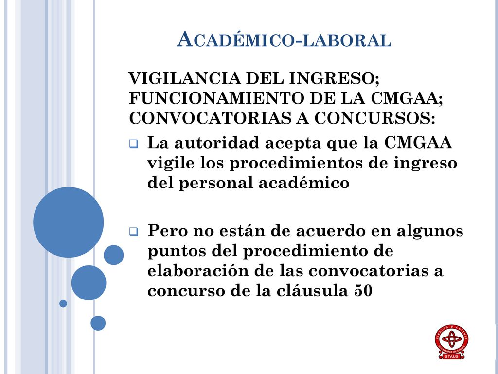 Académico-laboral VIGILANCIA DEL INGRESO; FUNCIONAMIENTO DE LA CMGAA; CONVOCATORIAS A CONCURSOS: